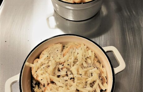 soup topped and ready for the broiler