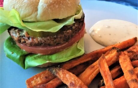 burger and sweet potato fries