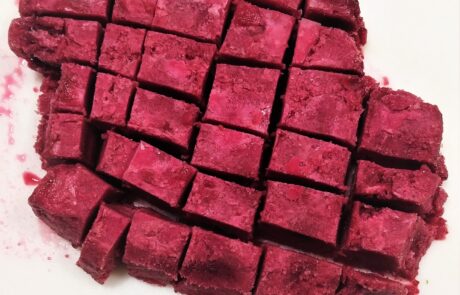 beet sorbet chopped into cubes before blitzing in batches