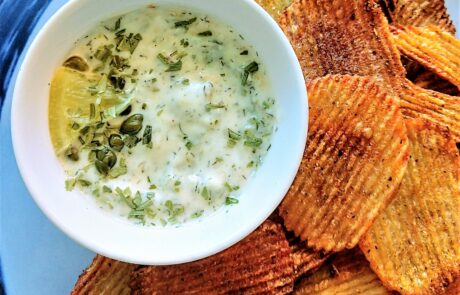 vegan tartar sauce and Old Bay potato chips