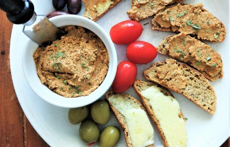 walnut pâté on sliced ciabatta with sides