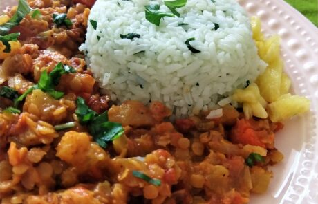 red lentil curry, pineapple and basmati rice