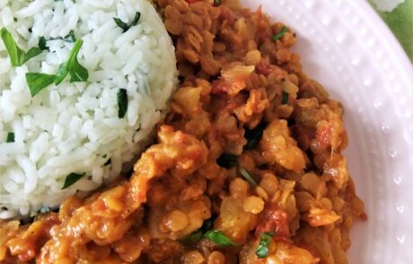 red lentil curry with basmati rice and pineapple